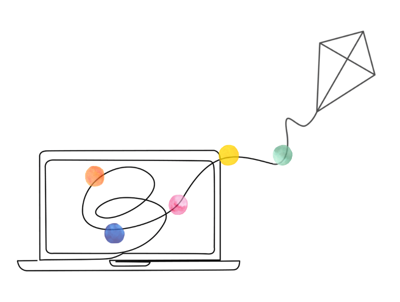 graphic black and white line drawing of a laptop with a kite coming out of the screen. colorful dots are added to the kite to show movement.