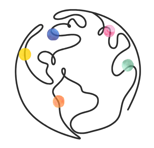 graphic black and white line drawing of the globe. colorful dots are placed on different continents as if to light up those locations.