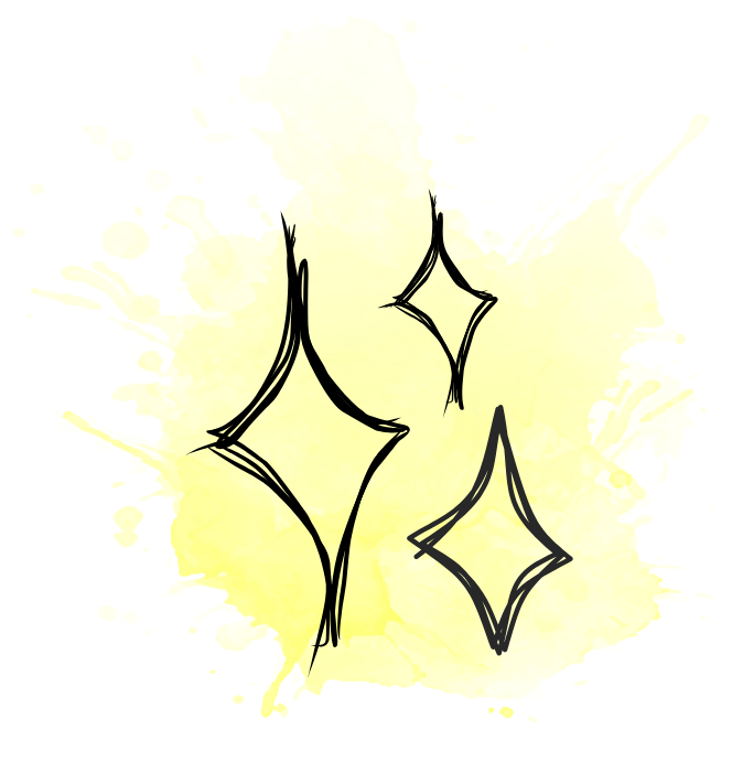black and white line drawing of 3 sparkles with a yellow watercolor splash as a backdrop.