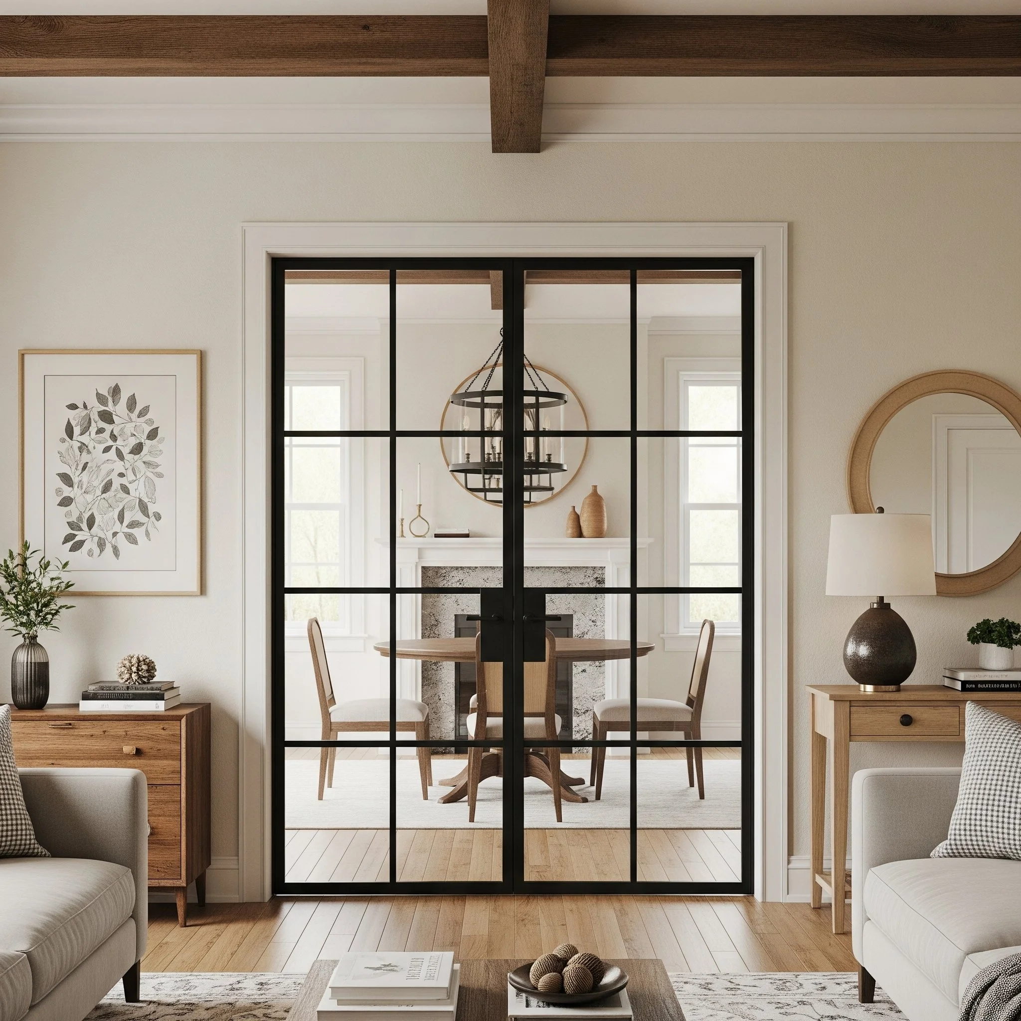 Sleek black steel interior door with clear glass panels in a modern living space