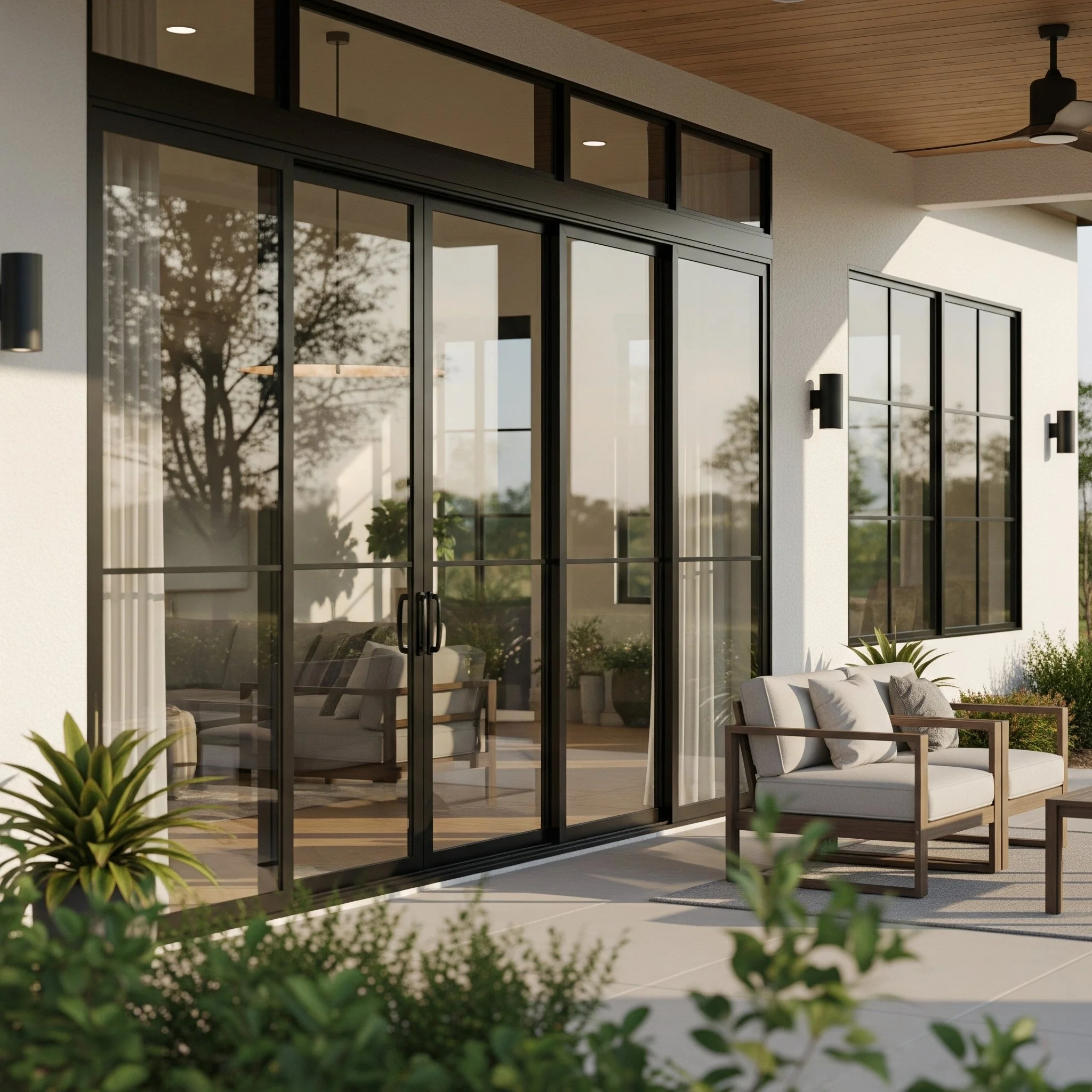 Outdoor patio area with sliding glass doors, white sofas with pillows, potted plants, and modern wall-mounted lights.