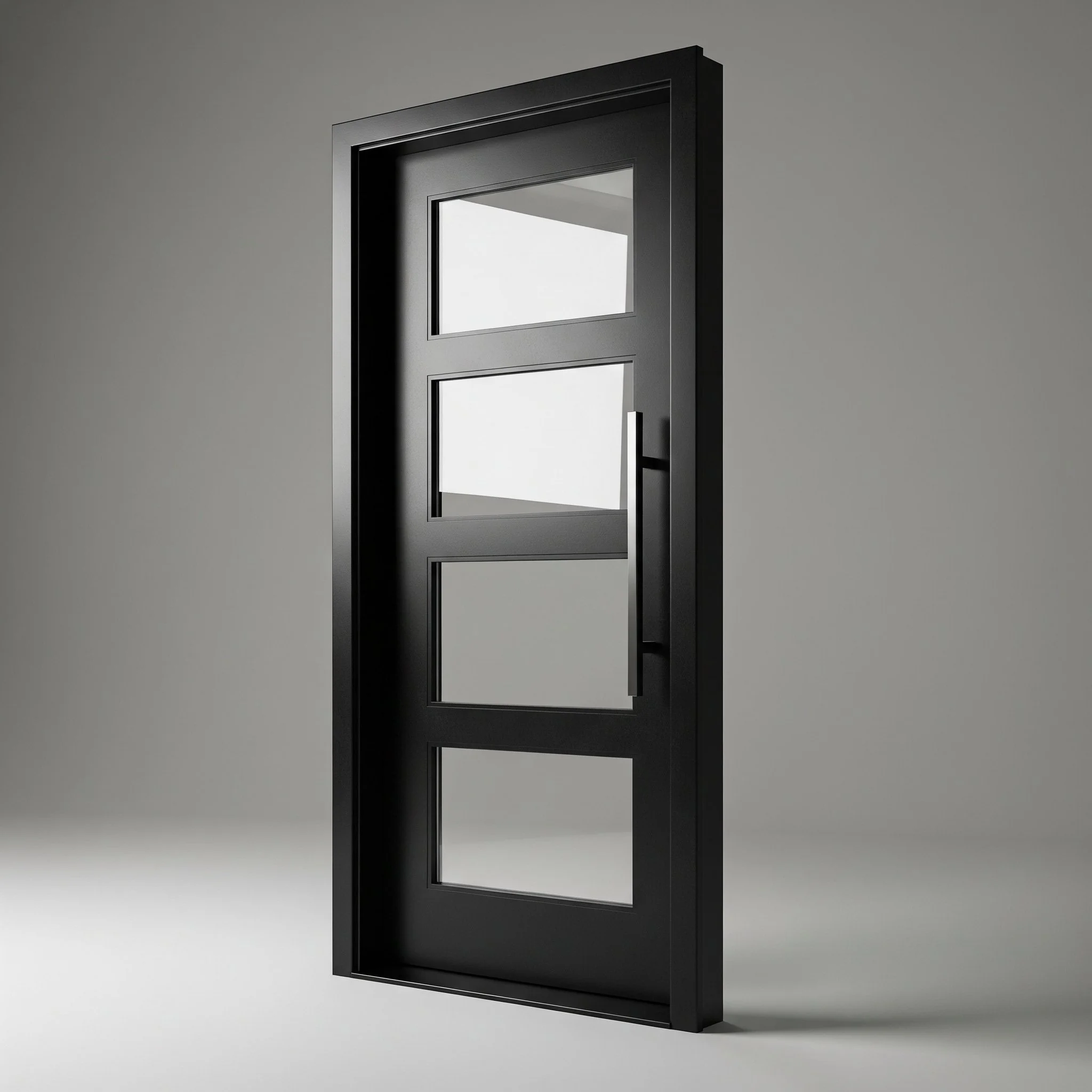 Black framed custom made aluminum door with four glass panels, leaning against a light gray wall.