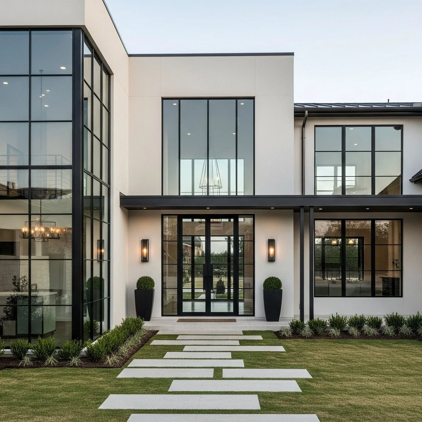 Modern luxury home featuring custom steel doors and expansive floor-to-ceiling steel windows with clean black frames. The sleek, symmetrical entryway showcases EverCraft Doors' signature contemporary design, blending glass and steel