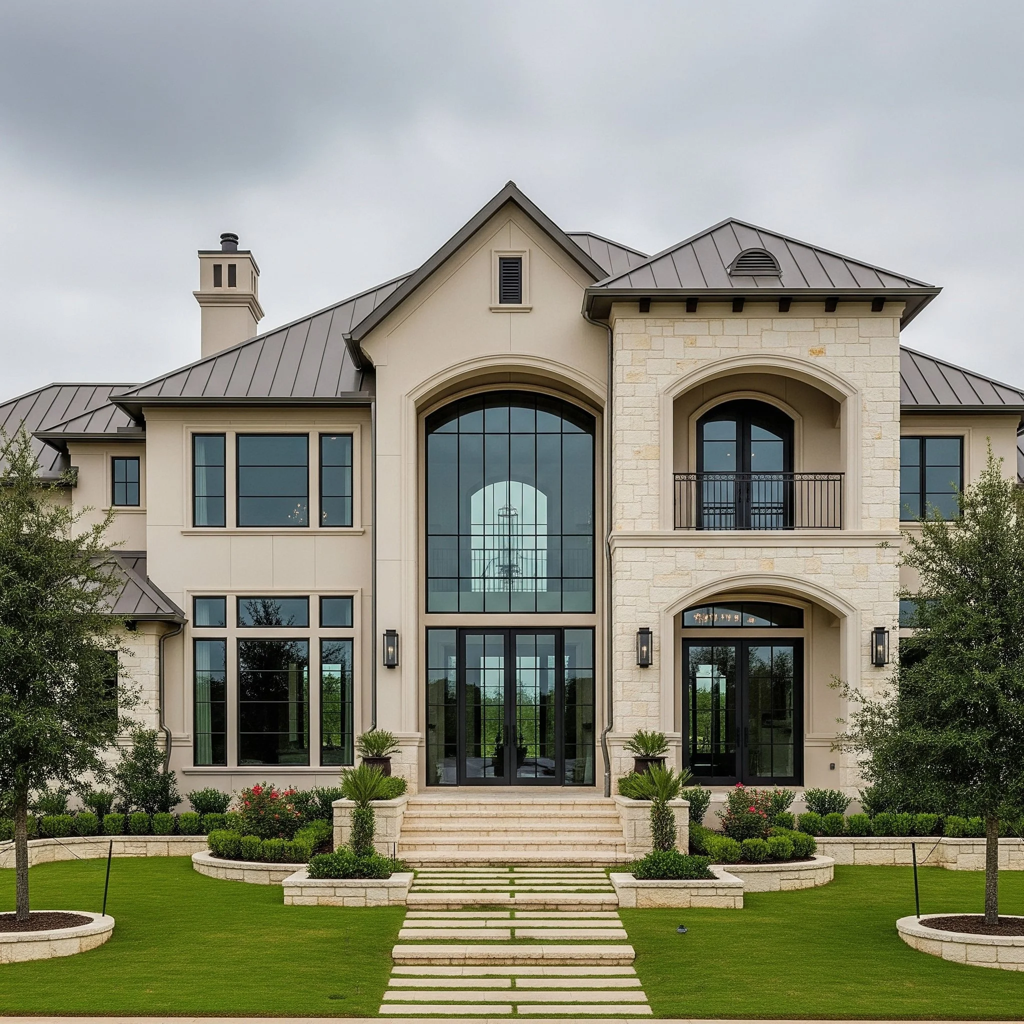 Large modern house with stone and stucco facade, multiple steel doors andwindows, front steps, and landscaped lawn.