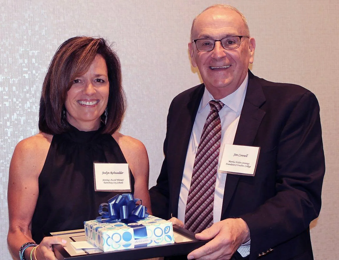 Dr. James Connell (right), Dean, Graduate and Professional Studies, Ursuline College, presents the ‘21 George B. Chapman Jr. Teacher Award for Excellence in Mathematics Education to Joslyn Rohwedder, Samuel Bissell Elementary School, Twinsburg City Schools. Her 3rd-grade math classroom is fun and engaging where rich, rigorous lessons challenge students to achieve at a high level.
