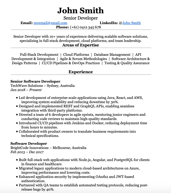 Resume of John Smith, Senior Developer, with contact info, skills, and work experience at TechWave Solutions and BrightCode Innovations.