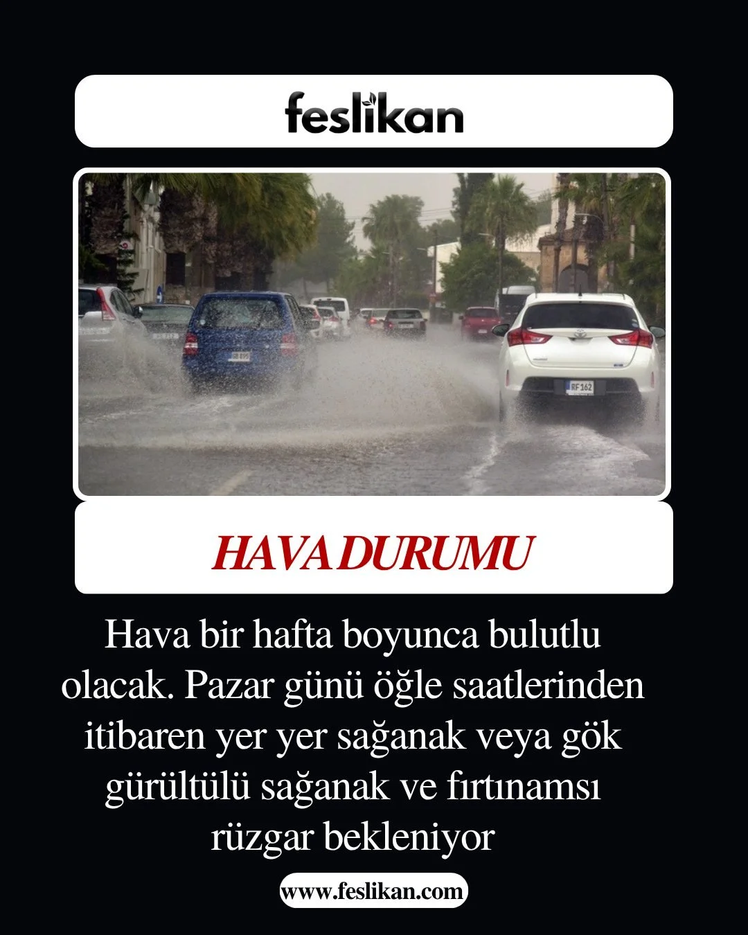 Hava bir hafta boyunca bulutlu olacak. Pazar g&uuml;n&uuml; &ouml;ğle saatlerinden itibaren yer yer sağanak veya g&ouml;k g&uuml;r&uuml;lt&uuml;l&uuml; sağanak  ve fırtınamsı r&uuml;zgar bekleniyor. https://www.feslikan.com/haberler/h4m2kpyuvd705j01g