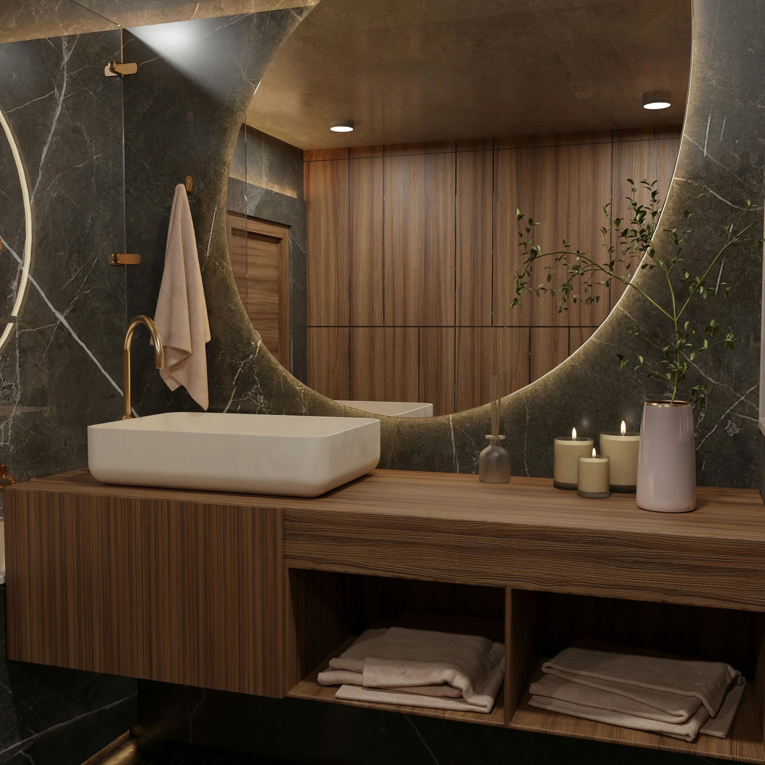 Modern bathroom with dark marble walls, wooden cabinets, a white vessel sink, and lit candles on a shelf.