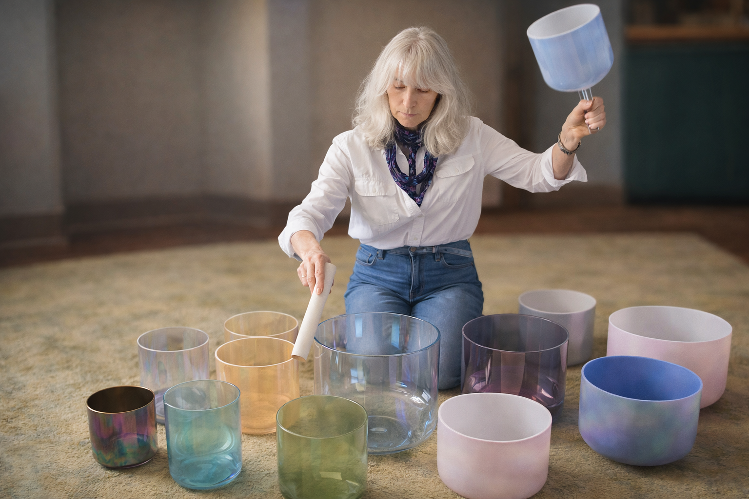Sound healing practitioner singing in warm natural light, vocal resonance and holistic wellness practice.