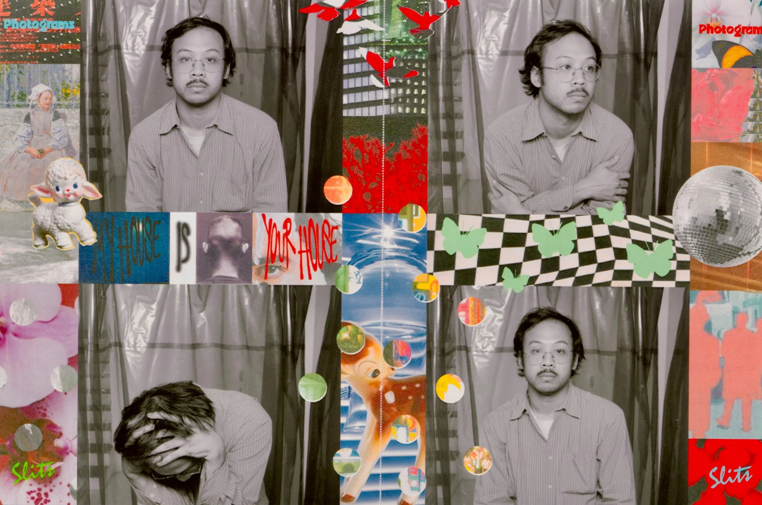 Collage of multiple black and white photos of a man with glasses and mustache, facial expressions vary from serious to hiding face, against a decorated backdrop with cartoon characters, butterflies, a disco ball, and colorful text, some images are overlaid with digital stickers and effects.