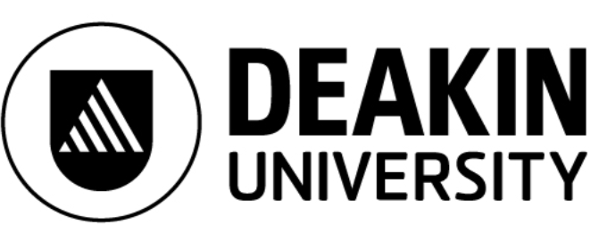Deakin University logo, featuring a black and white circular emblem with stylized diagonal lines inside a black square, followed by the text 'DEAKIN UNIVERSITY' in bold black letters.