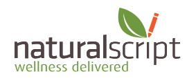 Natural Script logo with green leaf and orange straw, and tagline 'wellness delivered'