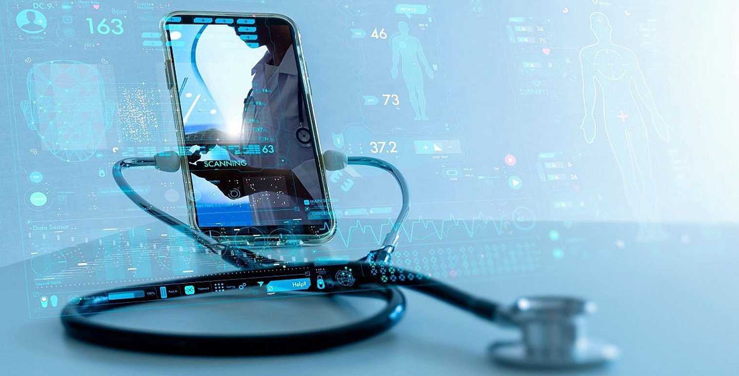 Smartphone connected to stethoscope with digital health data and medical icons, representing telemedicine or digital health technology.