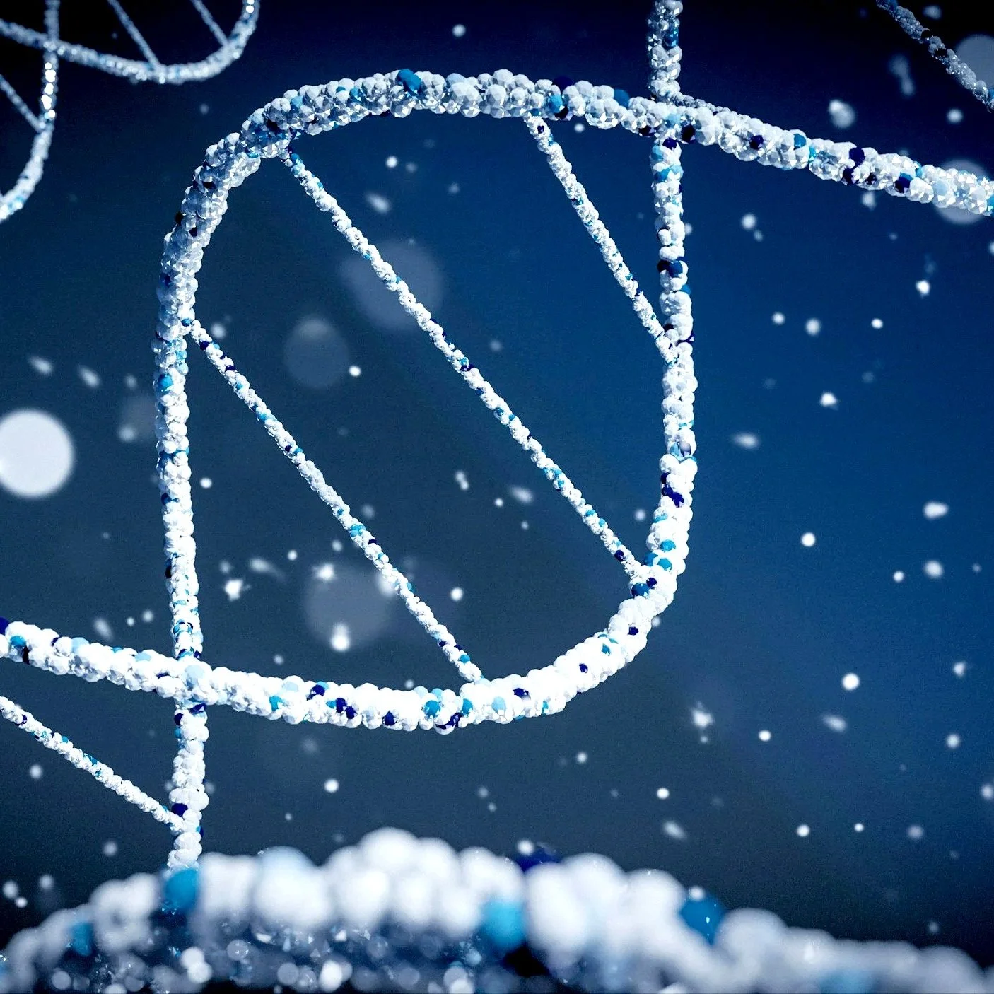 Microscopic view of DNA strands and atomic structures with a dark background and scattered white particles.