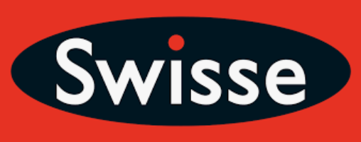 Swisse logo with white text inside black oval on a red background.