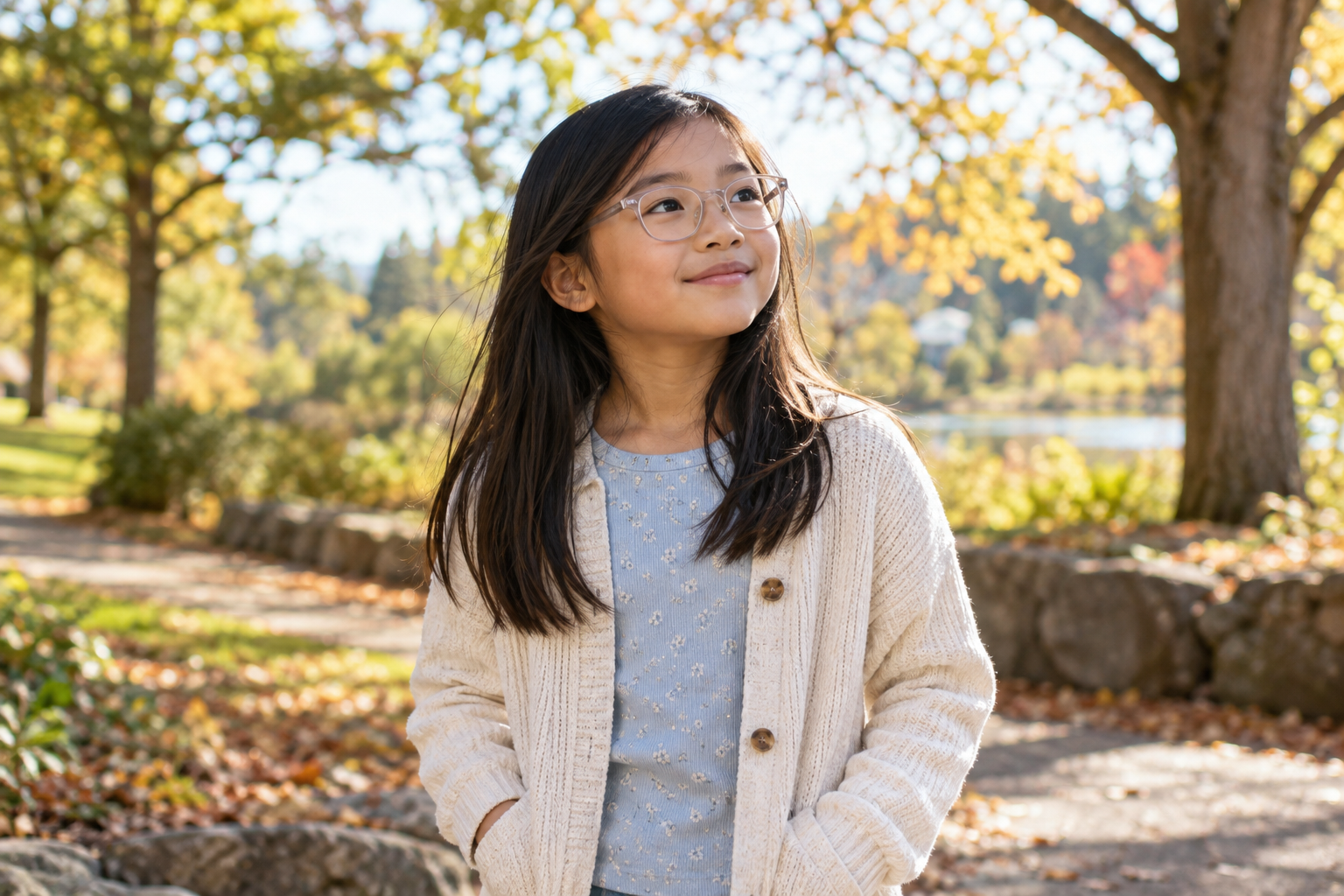 Child wearing clear eyeglasses in an autumn park; AI-generated illustrative image.