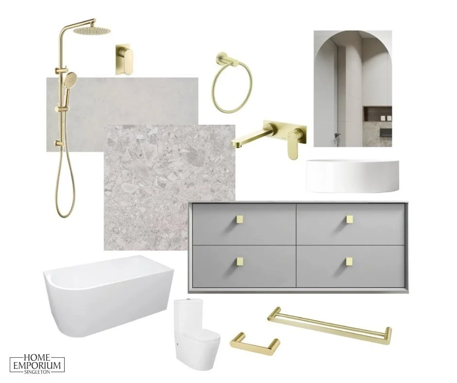 A collage of various modern bathroom fixtures and accessories including a gold showerhead, soap dispenser, hand towel ring, wall-mounted faucet, toilet, bathtub, gray vanity with drawers, round white sink, mirror with arched doorway, and gold towel bars.