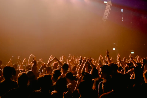 Crowd at a concert or music event with hands raised and stage lighting.