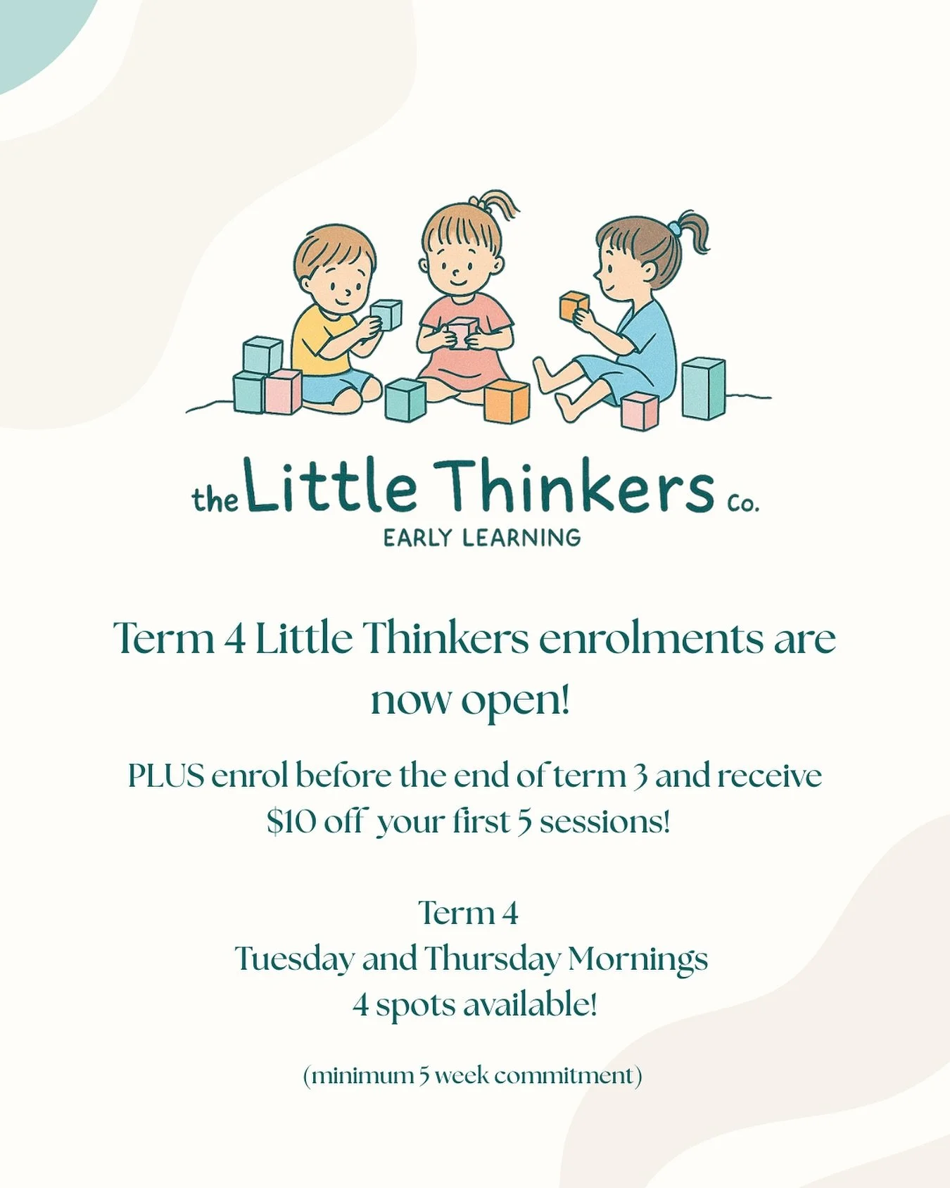 Term 4 enrolments are now open! 🌈
Our Little Thinkers Program (School Readiness Ages 3-5) helps your little one build confidence and thrive as they prepare for Kindy or Pre-Primary.

📅 Tuesdays &amp; Thursdays | Limited spots available!

Enrol befo