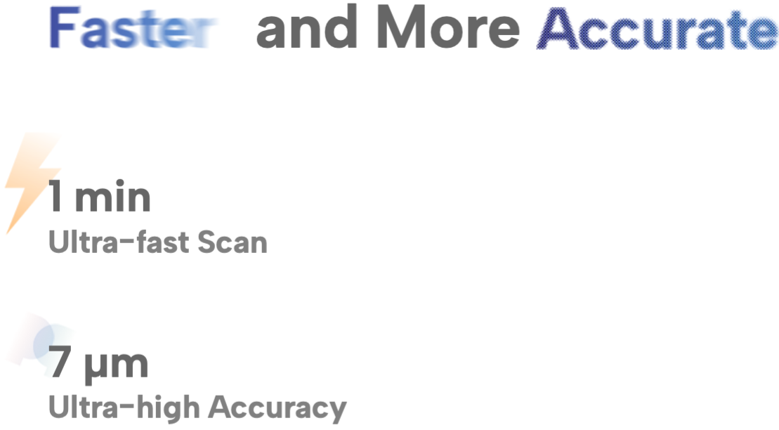 Text emphasizing faster and more accurate scans with features like 1-minute ultra-fast scan and 7-micron ultra-high accuracy.