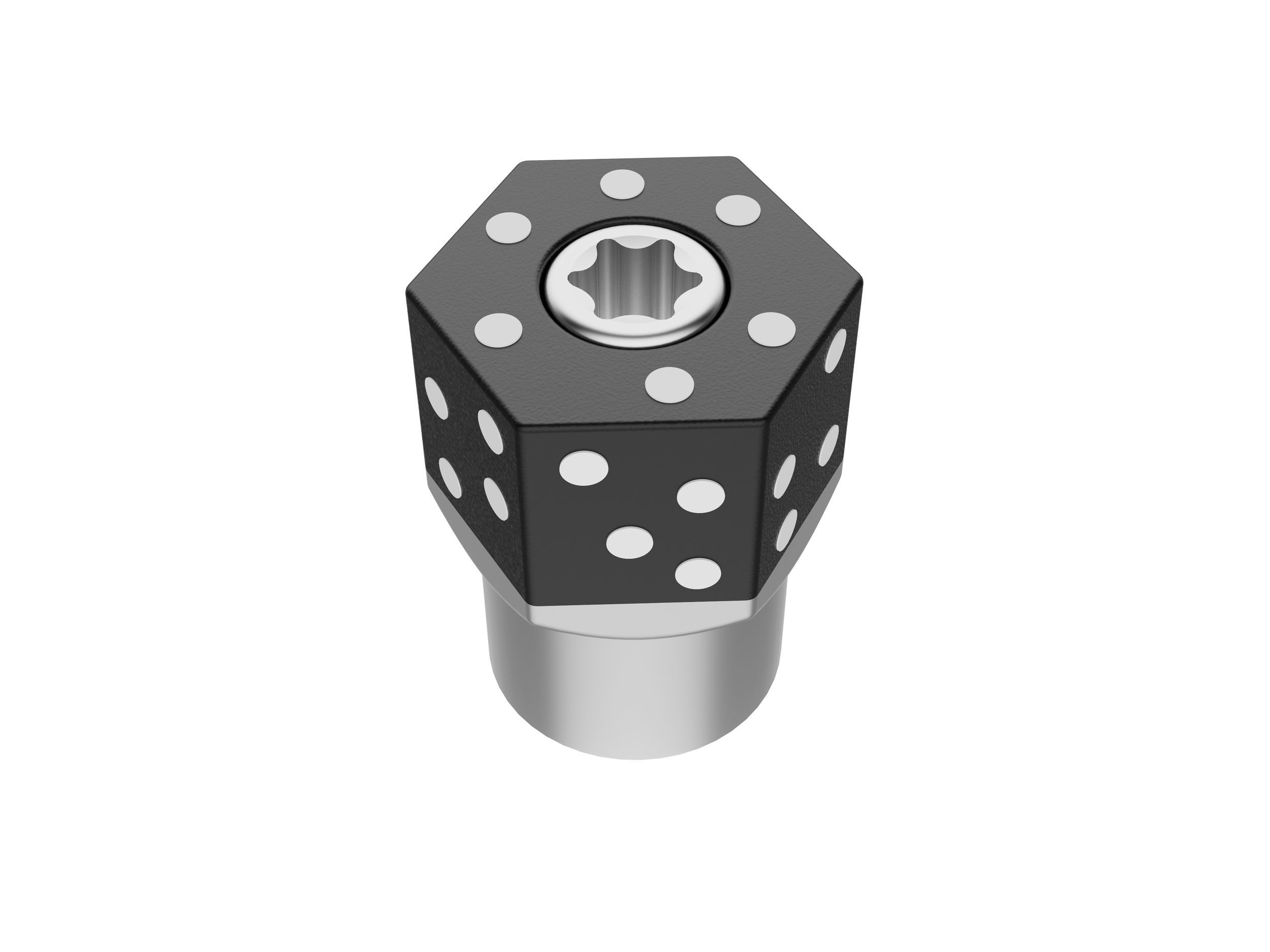 A black and white die with dots, mounted on a metal stand, isolated on a black background.