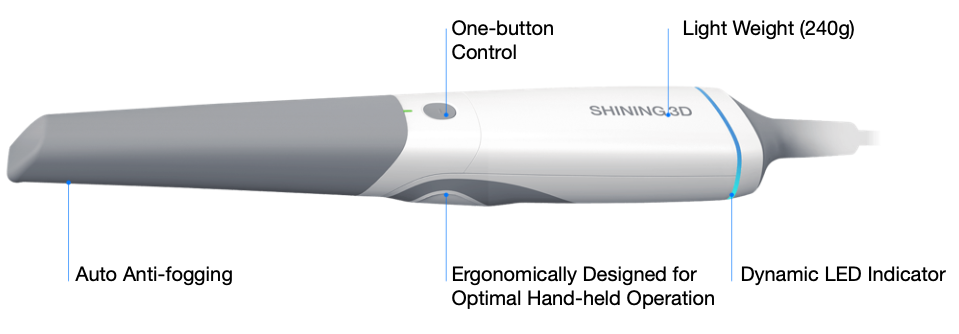 A handheld 3D pen with a white and gray design, featuring a one-button control, auto anti-fogging, ergonomic design, a thin tip, and a LED indicator, labeled with features and weight of 240 grams.