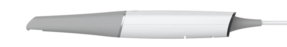 Close-up of a pen lying flat against a white background.