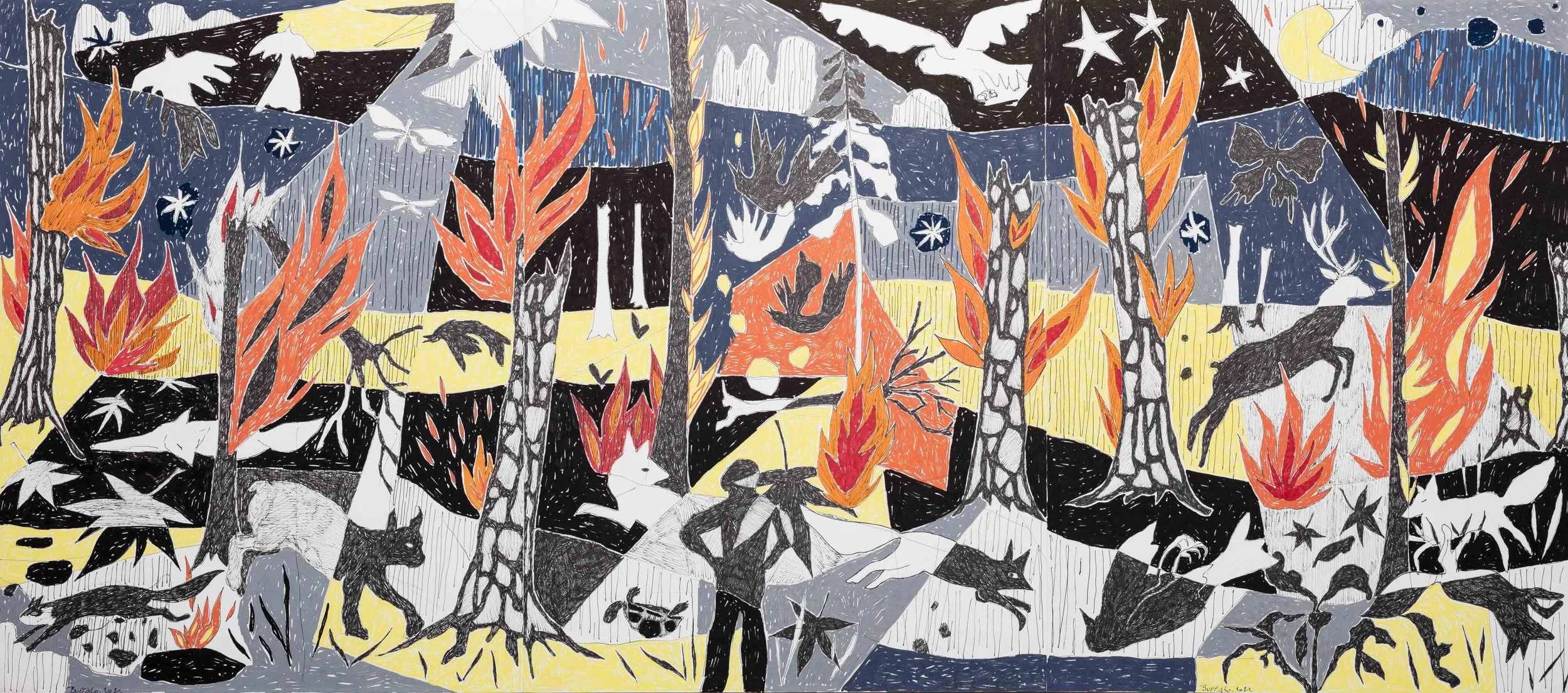 Feu de forêt, 2021. Feutres et marqueurs acrylique sur papier, 35.7*81 cm