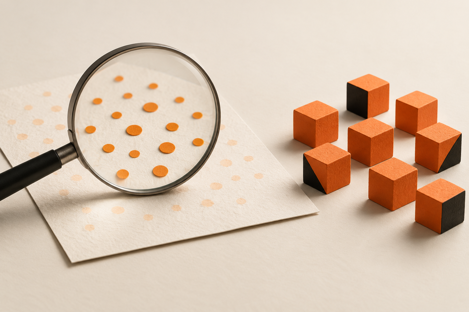 A magnifying lens reveals orange markers on a measurement sheet beside separate solid business outcome blocks.