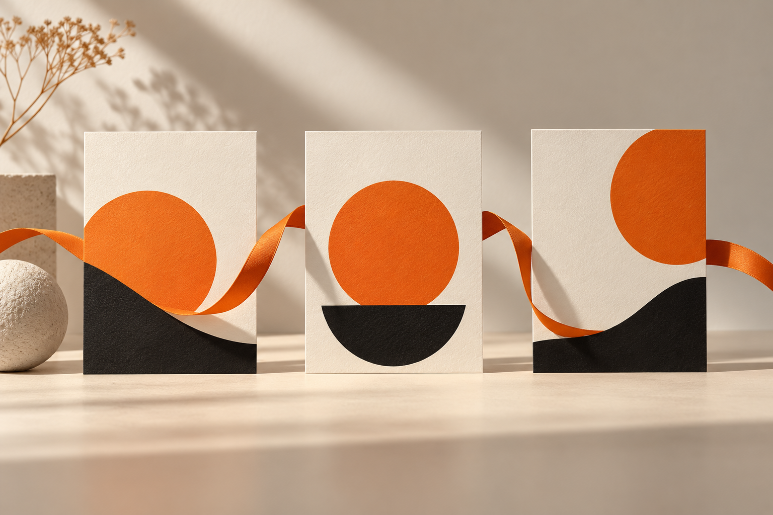 Three campaign cards share the same orange visual motif in different layouts.
