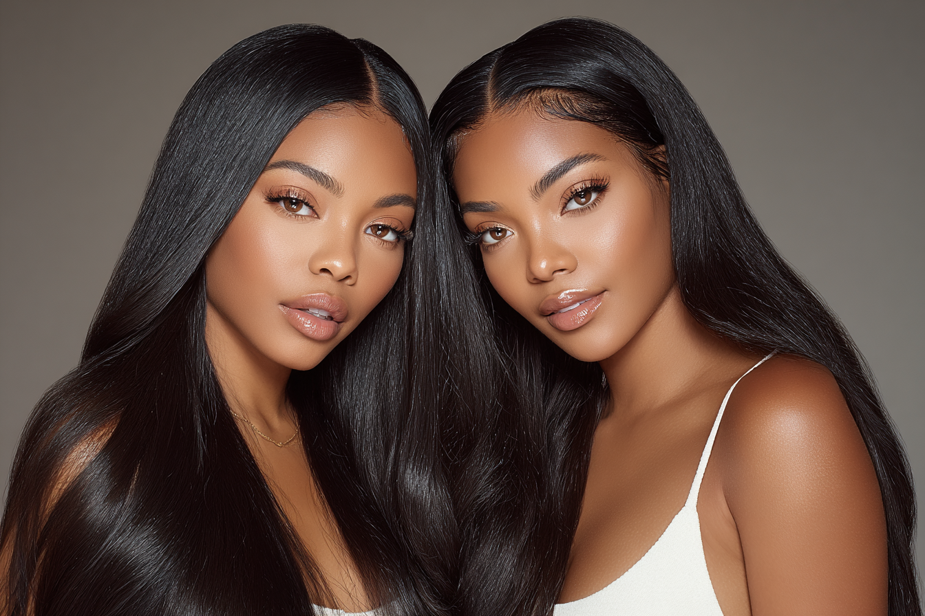 Two woman with long, straight black hair, posing closely together with neutral expressions. One wears a white spaghetti strap top, the other has minimal jewelry. Both have shiny, smooth skin and makeup.