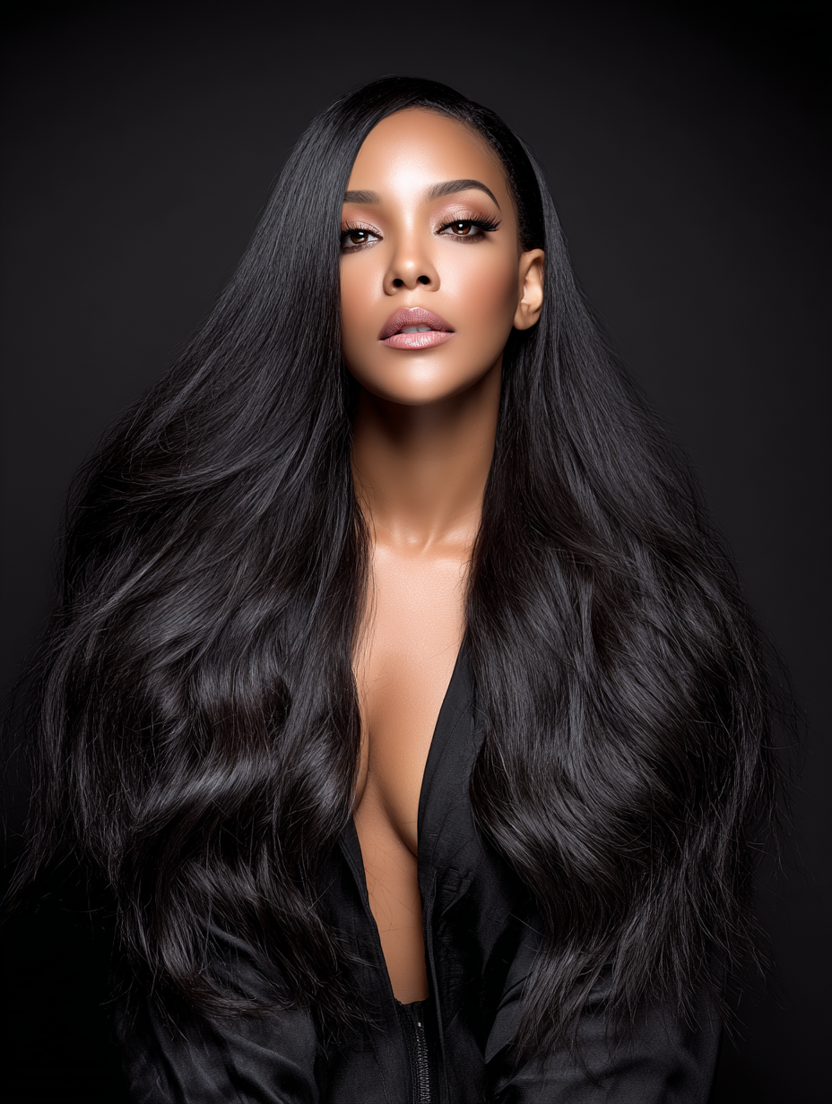 A woman with long, straight black hair, wearing makeup, and dressed in a black top against a black background.