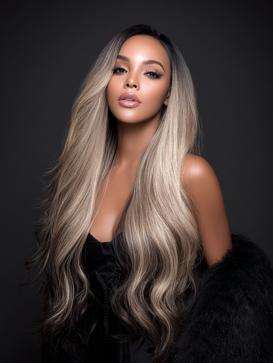 A woman with long, wavy blonde hair, makeup, and a black outfit posing against a dark background.
