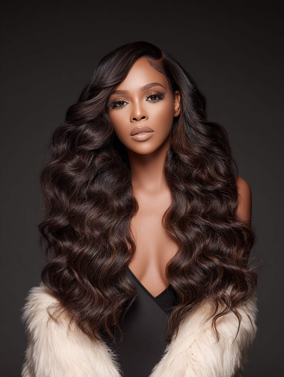 Portrait of a woman with long, wavy dark hair, wearing a black top and a light-colored faux fur coat, against a dark background.