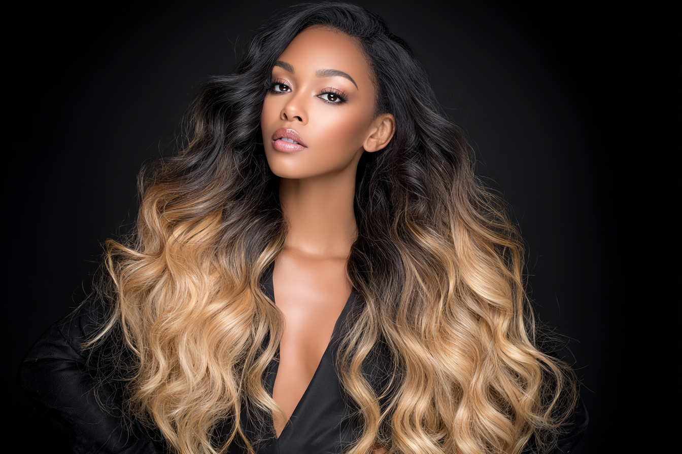 Portrait of a woman with long, wavy ombre hair, wearing a black top, posing against a dark background.