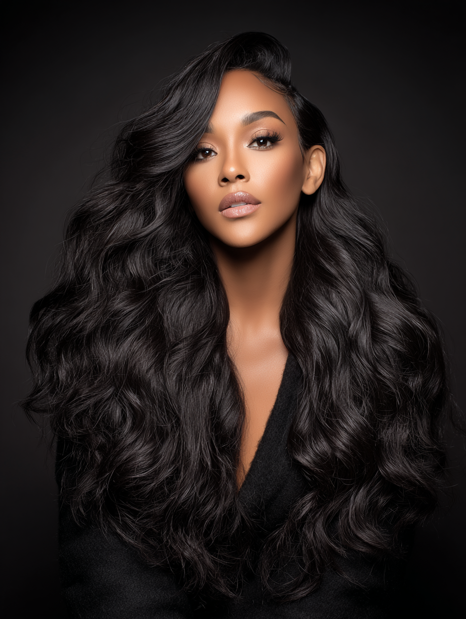 A woman with long, wavy black hair and makeup, wearing a black top, posing against a dark background.