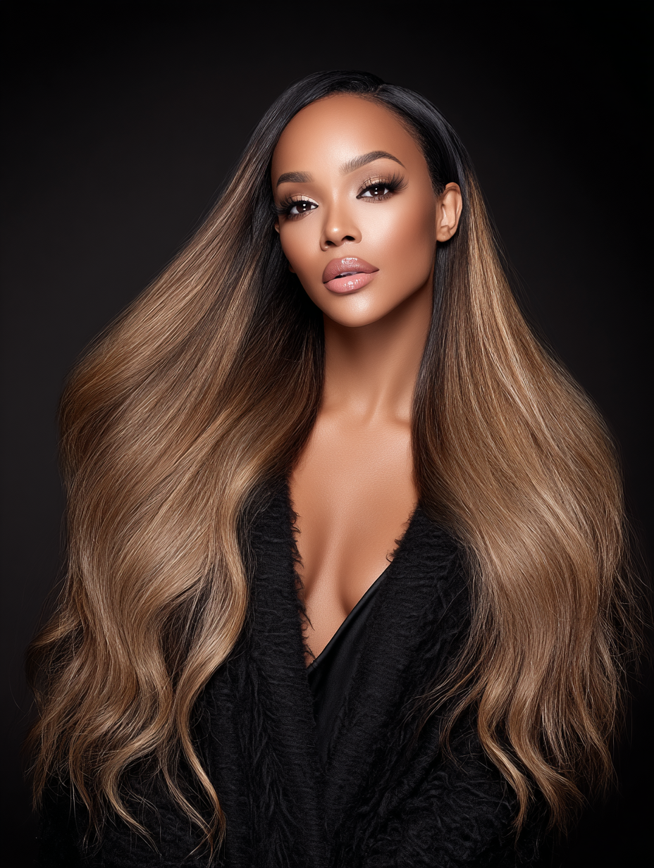 A woman with long, wavy, ombre hair, wearing makeup, a black top, against a dark background.