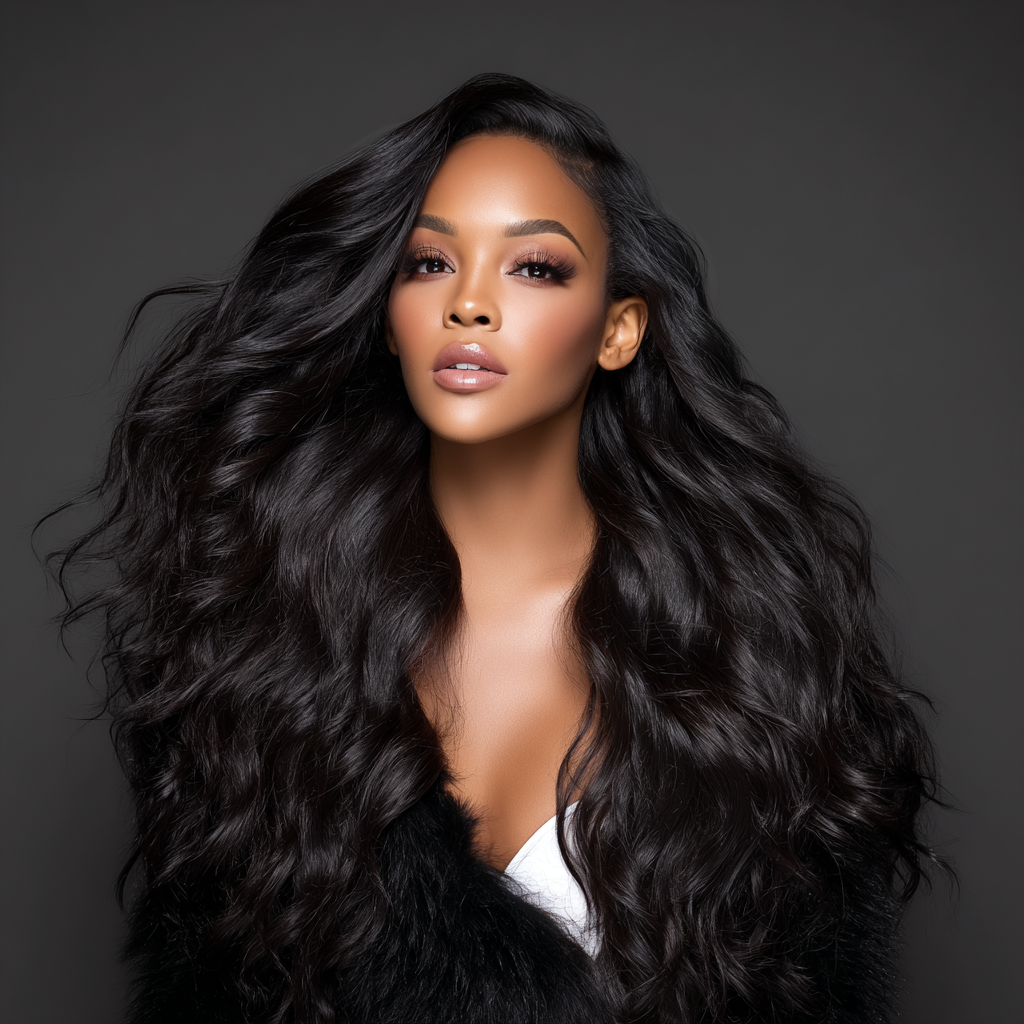 A woman with long, voluminous black hair and light makeup against a dark gray background.