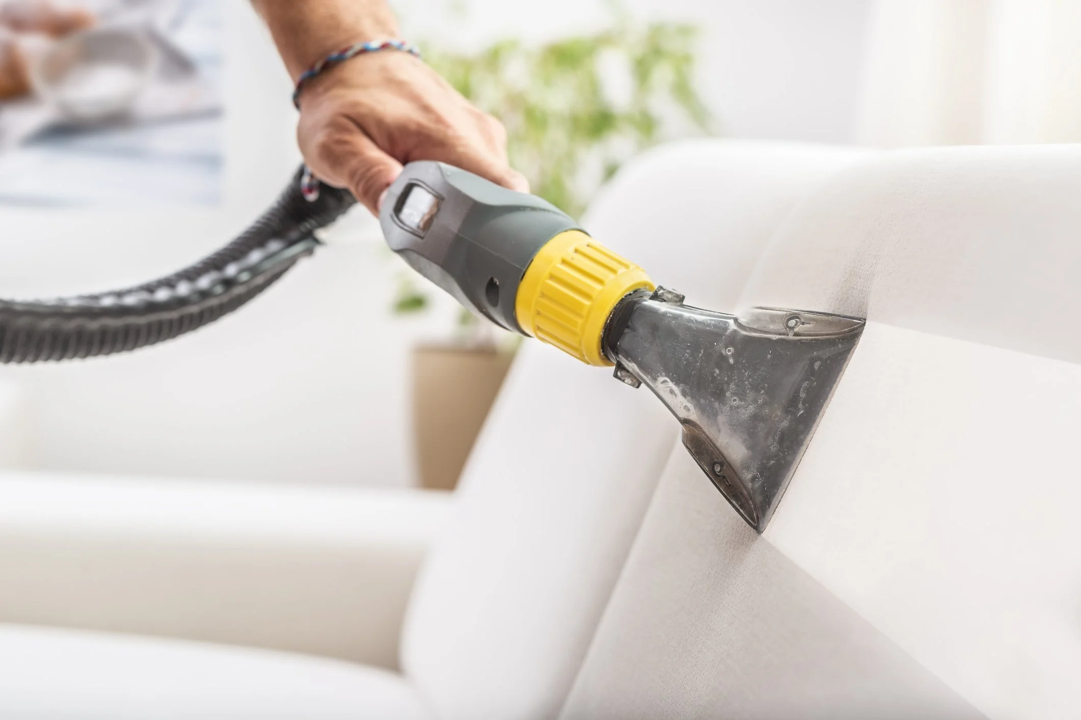 Person cleaning a white sofa with a handheld vacuum cleaner.
