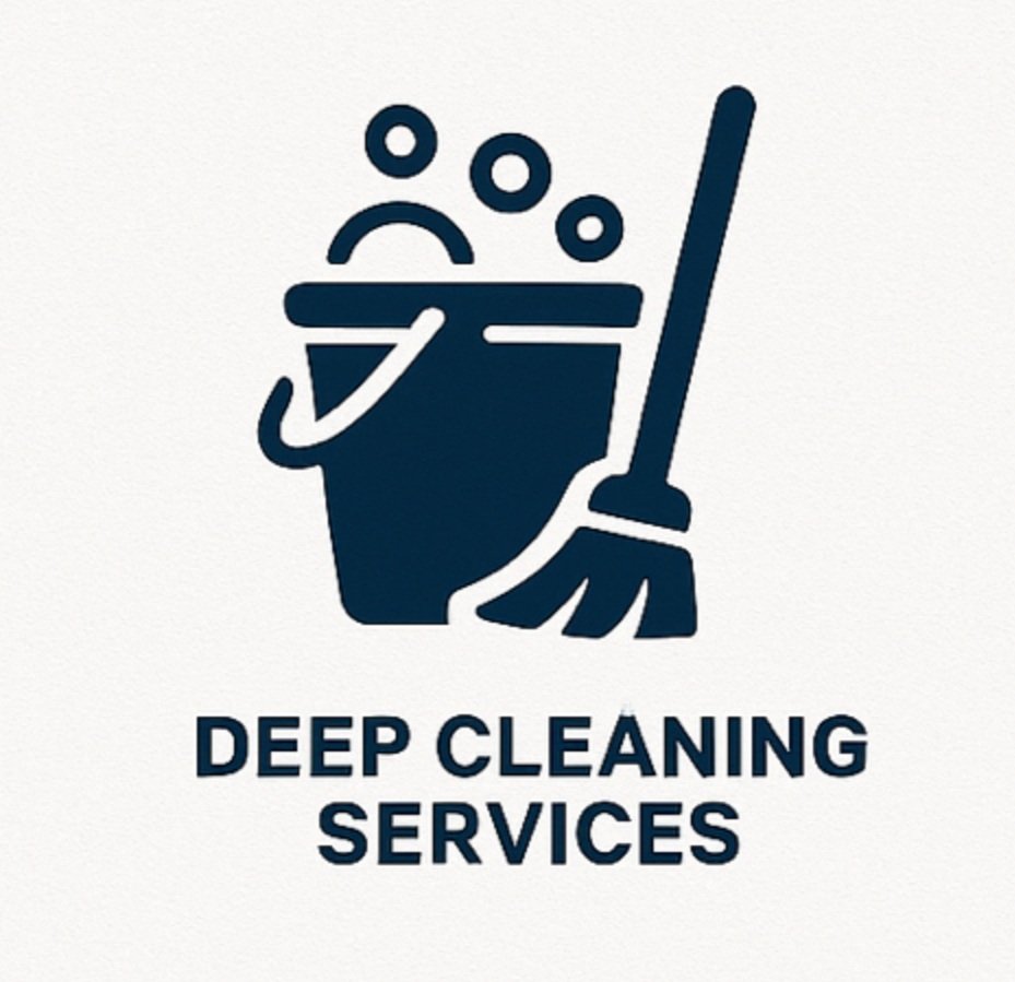 Logo for Deep Cleaning Services with a mop and bucket, with bubbles above the bucket.