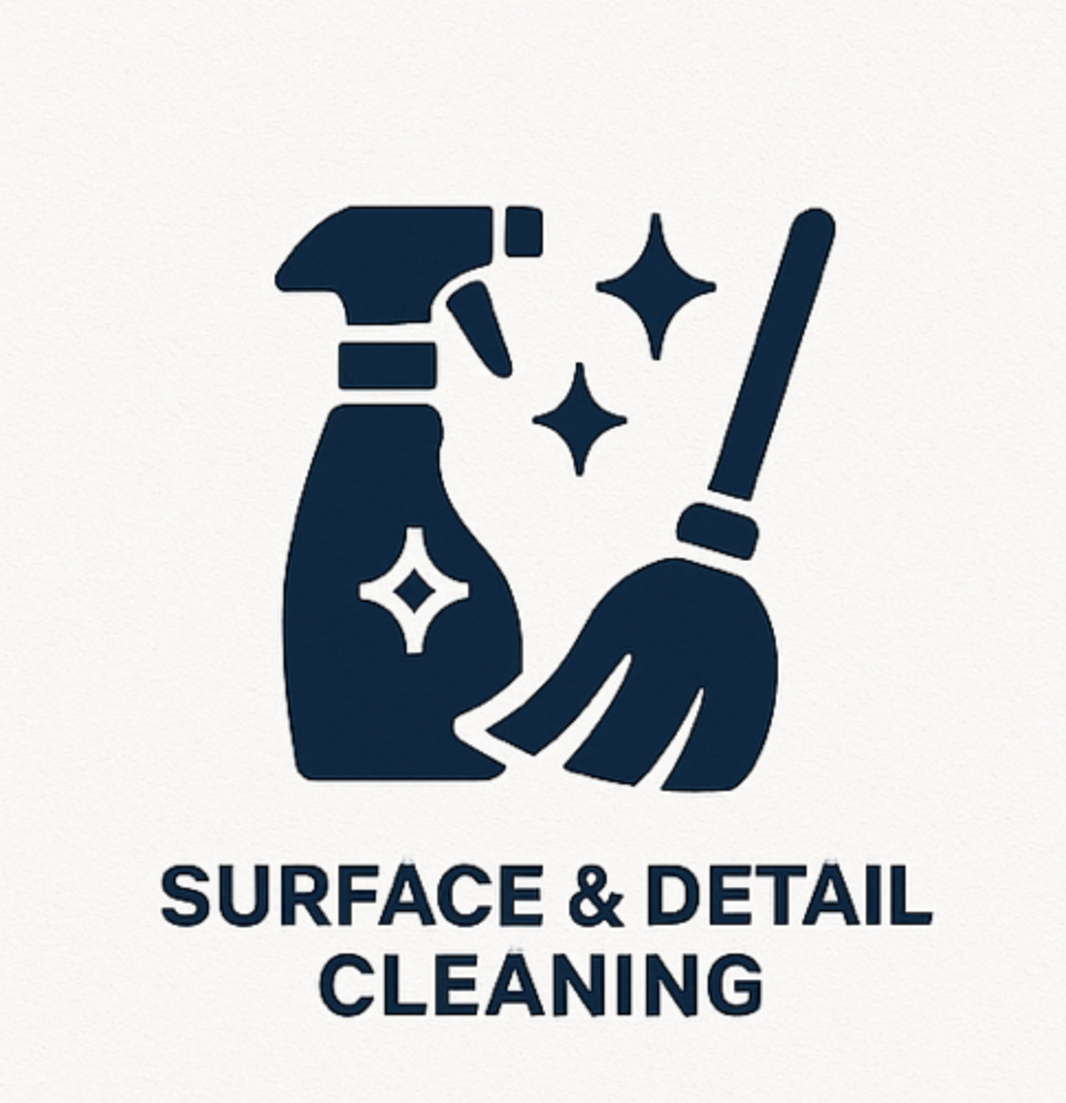 Icon of a spray bottle, a broom, and sparkling stars with the text "Surface & Detail Cleaning" underneath.