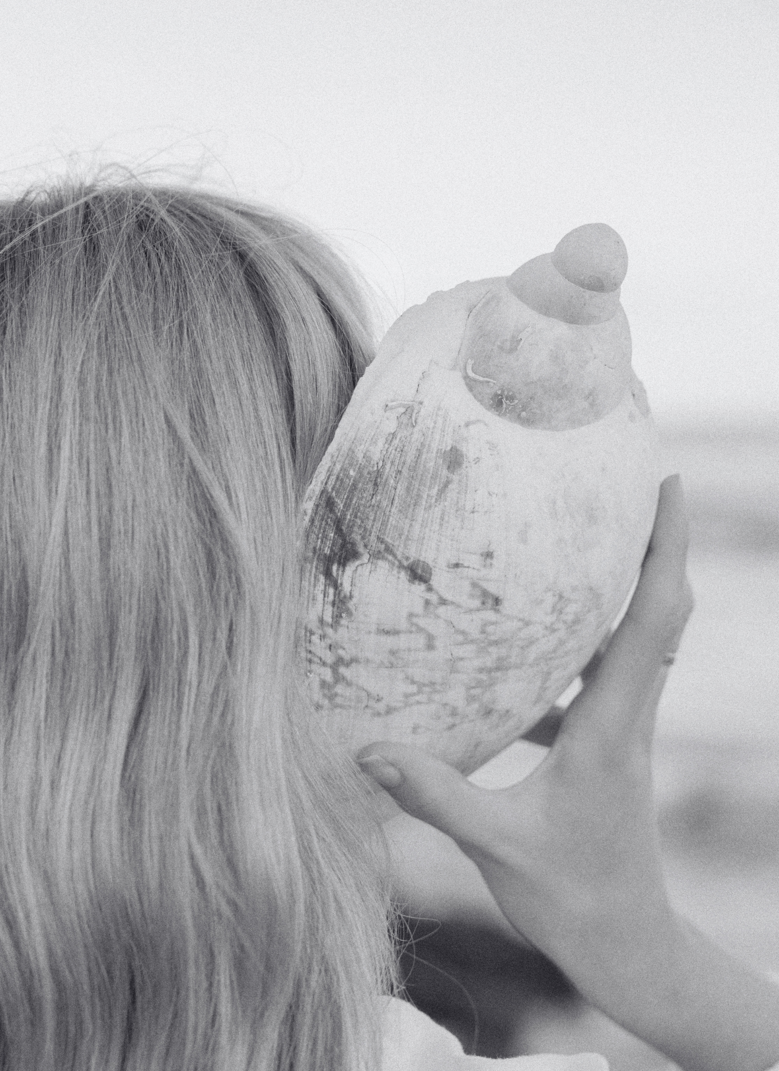 Frau hält eine große Meeresmuschel ans Ohr und lauscht – Symbol für inneres Hinhören, Intuition und energetische Klarheit im Business.