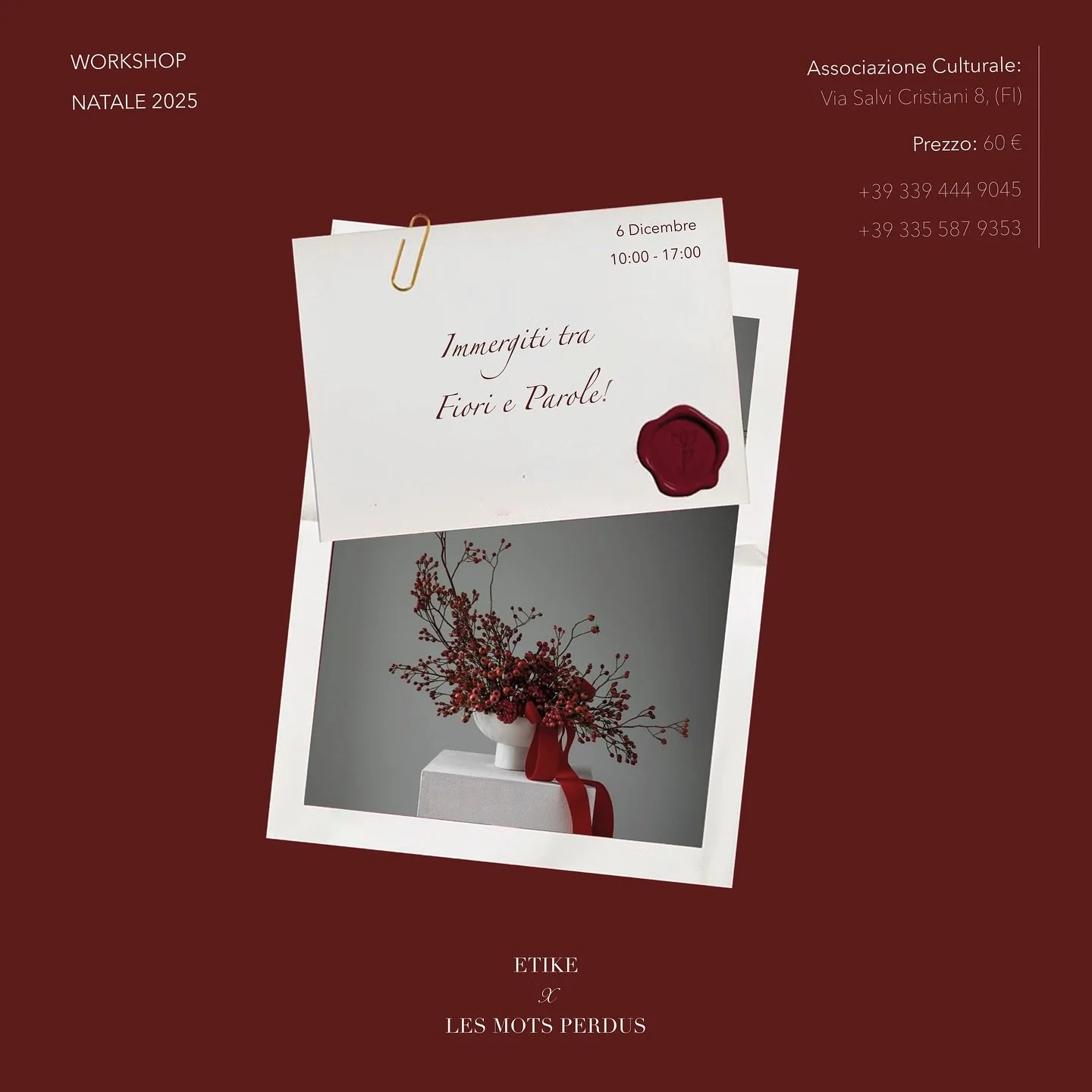 🌸 PETALI DI PAROLE &ndash; L&rsquo;arte del Natale tra fiori e poesia

Un laboratorio che unisce la poesia del caviardage e l&rsquo;armonia dell&rsquo;ikebana per raccontare la magia del Natale.

Creeremo un testo poetico personale da accompagnare a