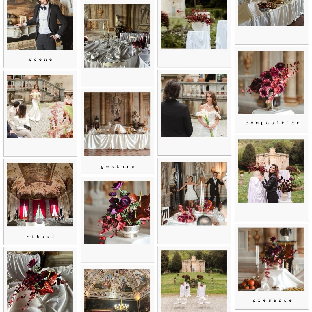 Old Money Wedding. Un&rsquo;estetica fatta di silenzi, materia e gesti misurati.
Un matrimonio che prende forma tra architetture storiche, drappeggi morbidi e composizioni floreali essenziali ma intense, dove il bianco dialoga con accenti profondi di