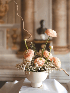 Vaso di fiori con rose rosa e fiori di gypsophila.