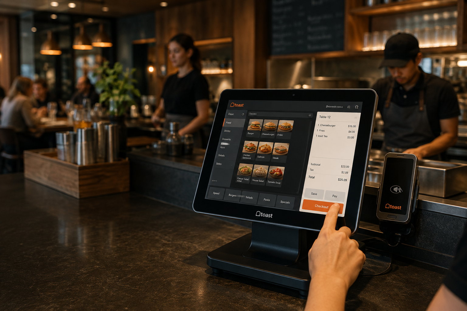 Toast point-of-sale terminal in a modern urban restaurant