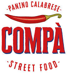 Logotipo de un restaurante llamado 'Compà' con un chile rojo y texto en español que dice 'Panino Calabrese' y 'Street Food'.