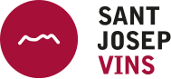 Logotipo con un círculo rojo con una línea blanca en el centro y texto a la derecha que dice 'SANT JOSEP VINS' en letras negras y moradas.