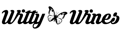 Logotipo con texto 'Witty Wines' y una mariposa en el centro.