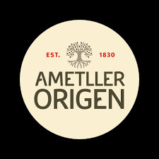 Logotipo circular con un árbol estilizado y el texto 'Ametller Origen', 'Est. 1830' en fondo beige con borde negro.